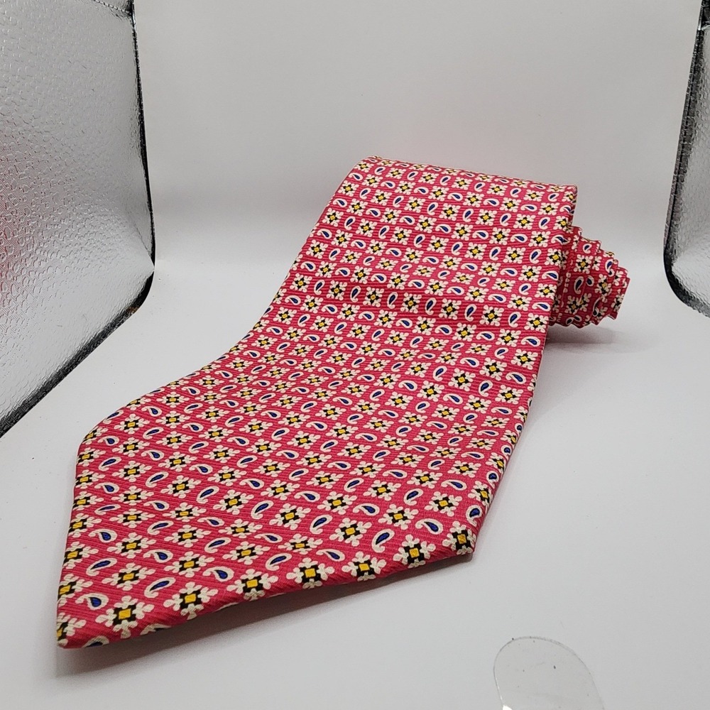 Polo Ralph Lauren Pink Silk Geometric Paisley Foulard Necktie Made by Hand USA